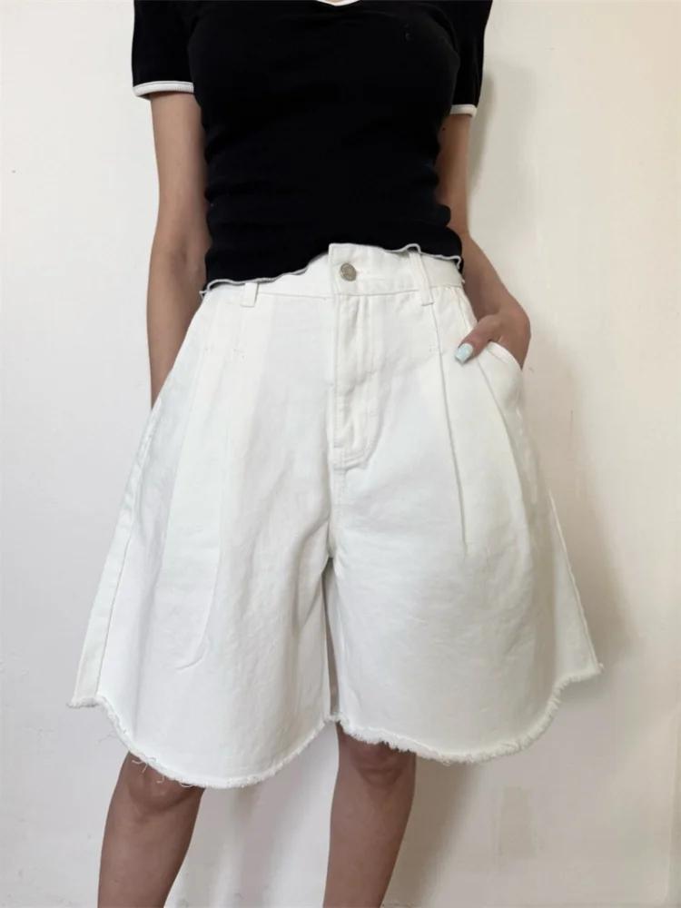 Women'S Fashion Trousers - بنطلون جينز نسائي قصير مطوي وفضفاض